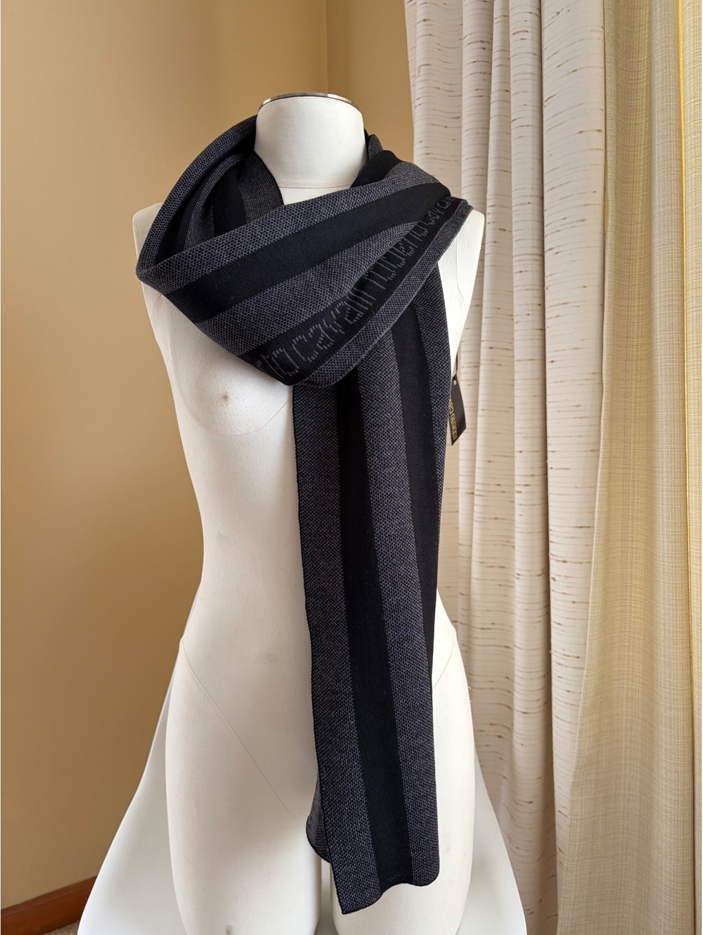 Roberto Cavalli Scarf 100% Wool Grey Black Striped Men Women Italy Authentic NWT